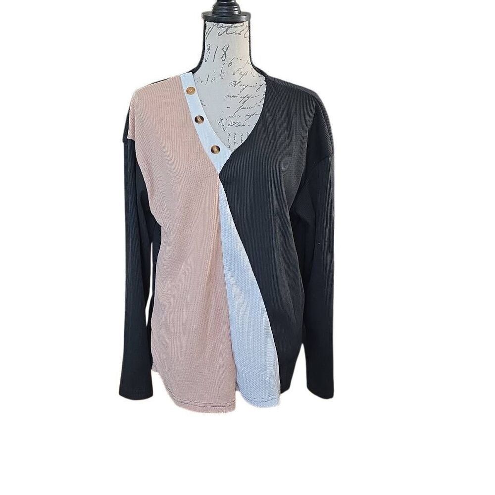 Shein Women's Size 12 Black Tan White Waffle Weave V-Neck Color Block Top